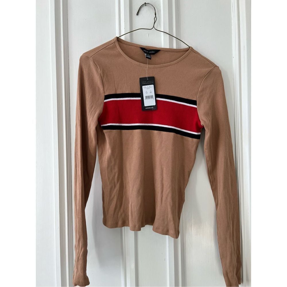NWT New Look light brown with black red and white stripe ribbed long sleeve top